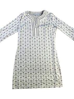 Gretchen Scott Blue White Geometric Split Neck Tunic Dress M